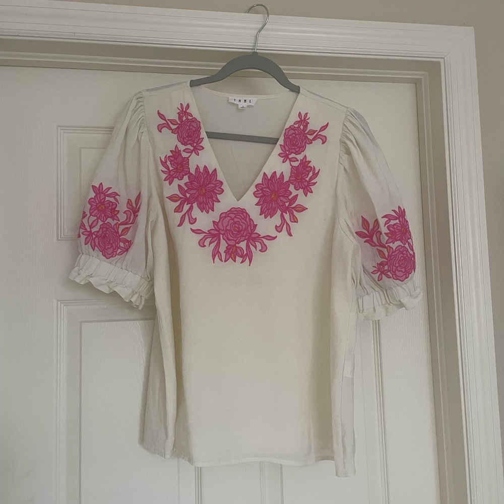 THML Off White Blouse with Pink Floral Embroidery NWOT